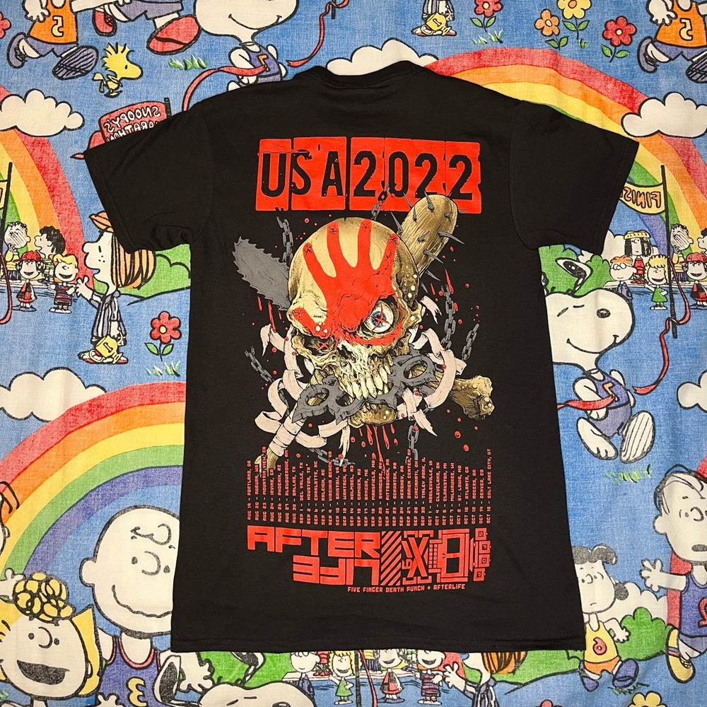 Death Punch black and red t-shirt with fire graphic on the back